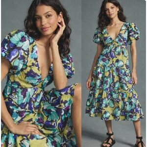Anthropologie Puff Sleeve Tiered Midi Dress Green Blue Floral Statement Size L